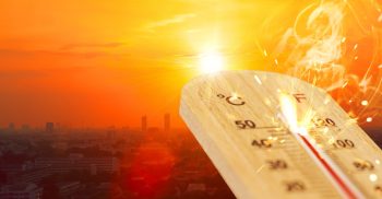 summer hot weather season high temperature thermometer with city view.